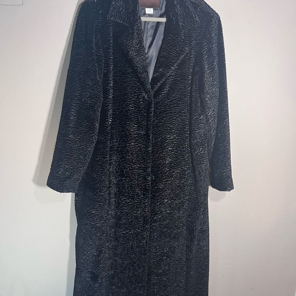 Long Coat Siena Black Faux Persian Lamb Full Length  Sz 14/16 Notched Collar